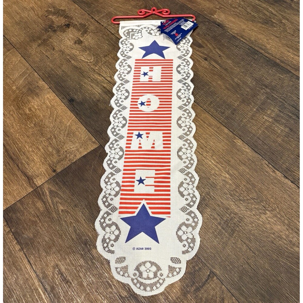 Vintage Azar 2002 Home Wall Hanging Lace Banner Red White Blue Stars Patriotic